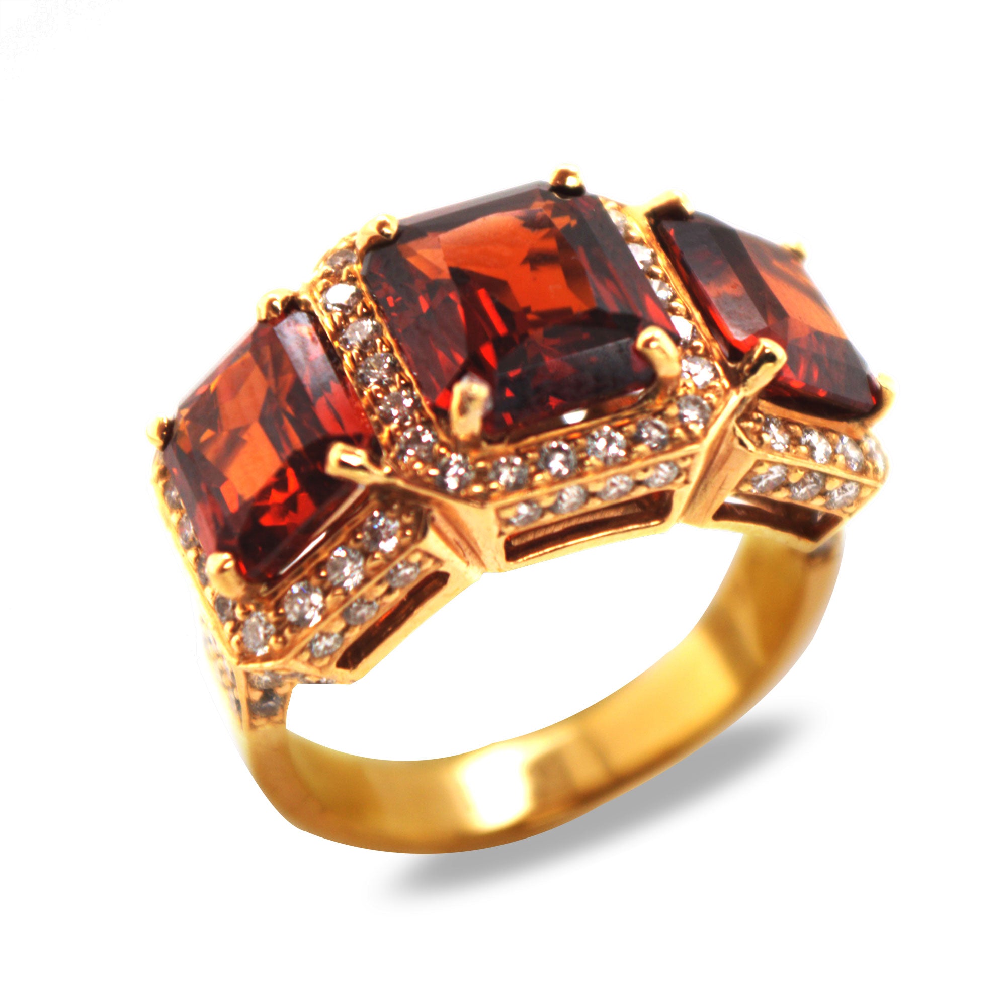 Red Garnet Diamond Three Stone Ring