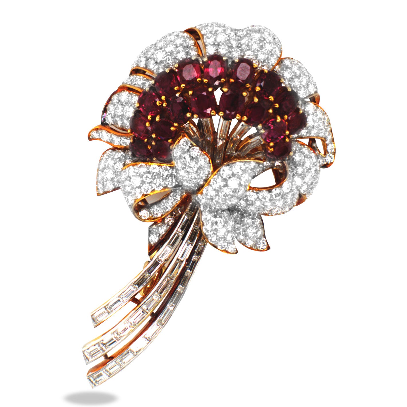 Vintage Diamond Ruby Flower Design Brooch