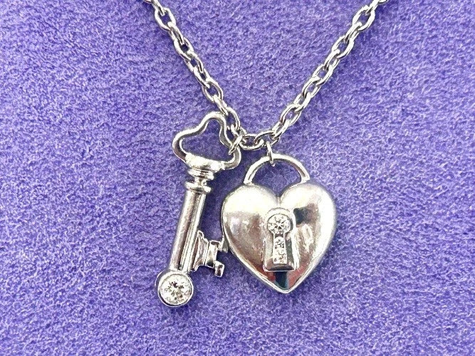 Tiffany & Co. Padlock & Key Platinum Necklace Diamond Heart Pendant