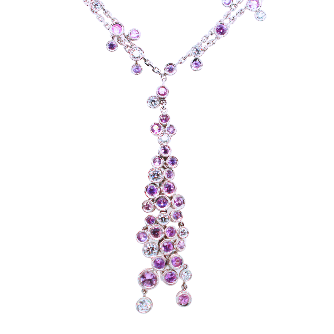 Diamond & Pink Sapphire 14K White Gold 3-Strand Necklace 6.50 Carats