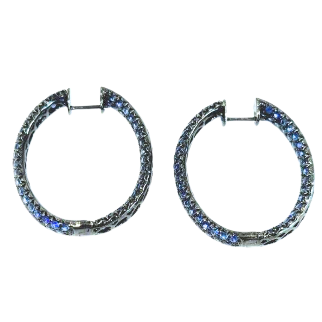 18k White Gold Blue Sapphire Pavé Inside Out Hoop Earrings Black Rhodium 6.9Cts