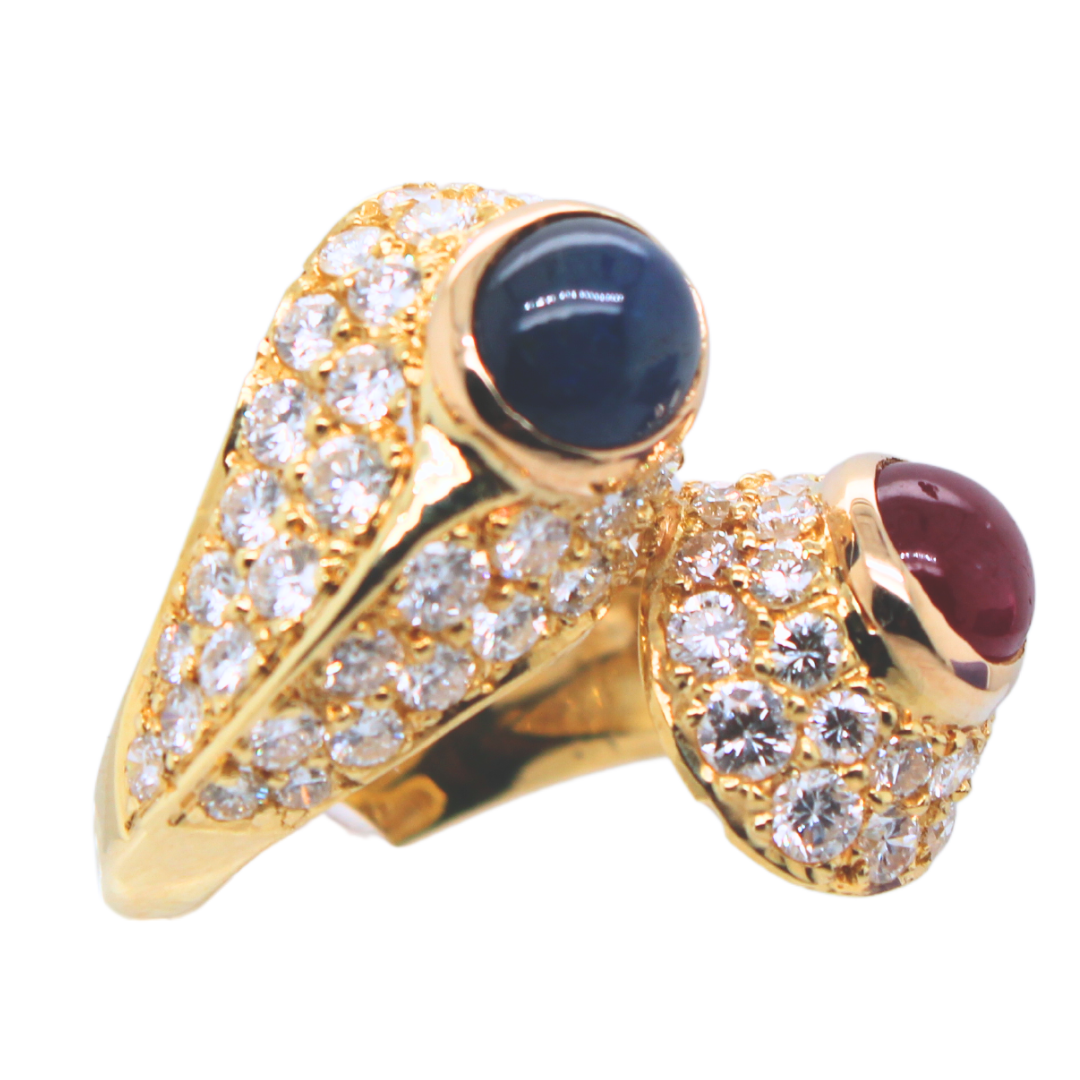 14K Yellow Gold His and Her Ruby and Sapphire Diamond Ring 2.80Cts