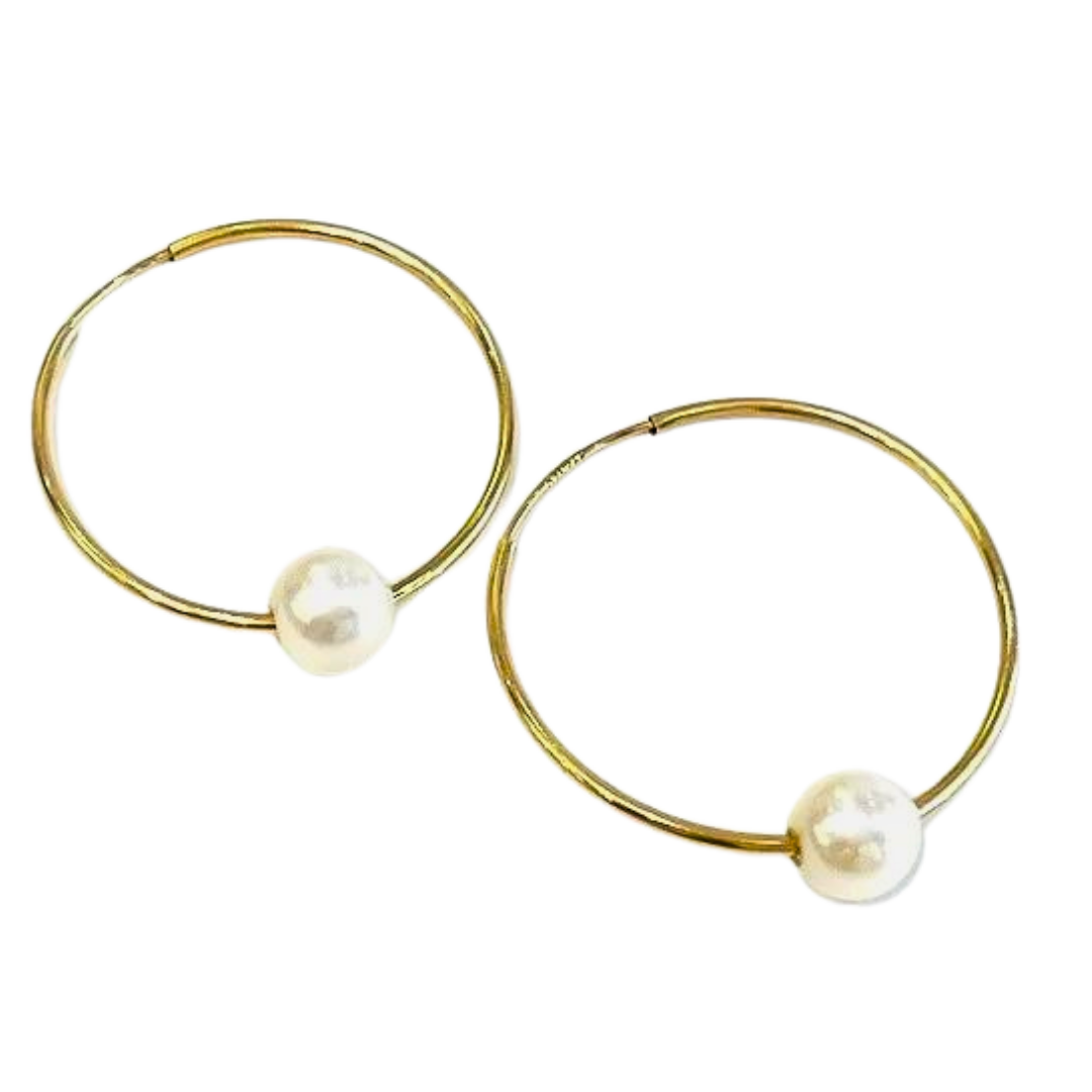 14K Yellow Gold Cultured Pearl Thin Hoop Earrings 1.10 Grams