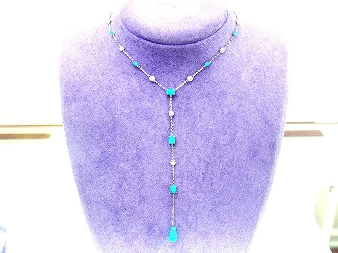 14K White Gold Diamond & Turquoise Lariet Necklace 0.20 Carats