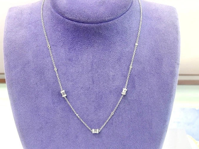 18K White Gold Baguette & Round Diamond Station Necklace 1.57 Carats