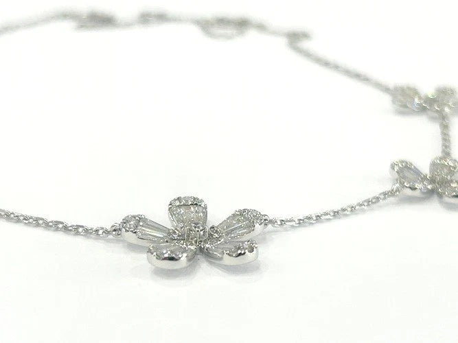 18K White Gold Five Flower Diamond Station Necklace 3.65 Carats