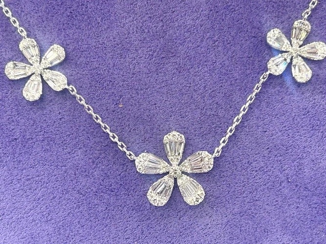 18K White Gold Five Flower Diamond Station Necklace 3.65 Carats