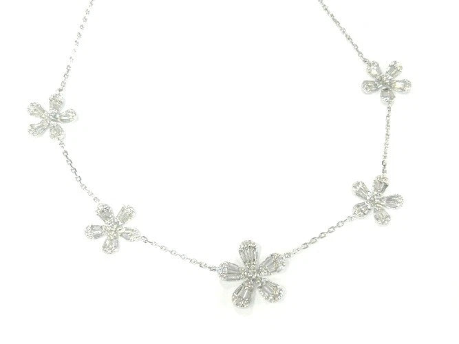 18K White Gold Five Flower Diamond Station Necklace 3.65 Carats