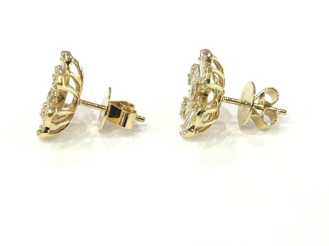 18K yellow Gold Baguette & Round Diamond Flower Earrings 1.25 Carats