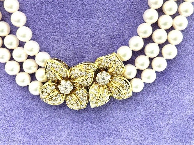 Mikimoto 18K Yellow Gold Cultured Akoya Triple Strand Pearl Necklace 3.81 CTS