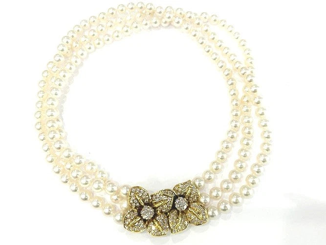 Mikimoto 18K Yellow Gold Cultured Akoya Triple Strand Pearl Necklace 3.81 CTS