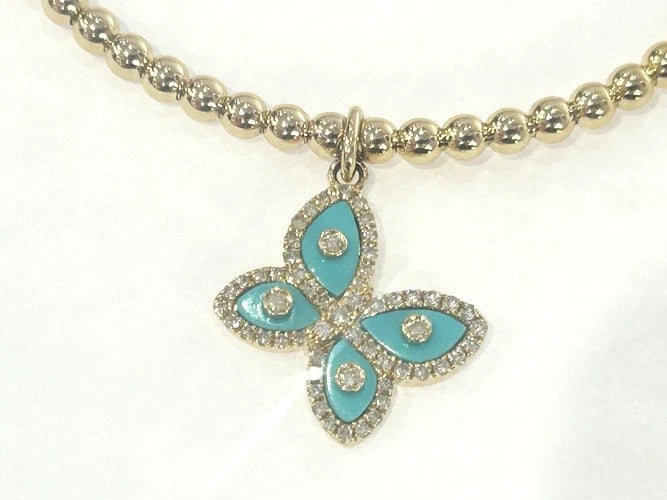 14K Yellow Gold Diamond & Turquoise Butterfly Charm Beaded Bracelet 0.27 Carats