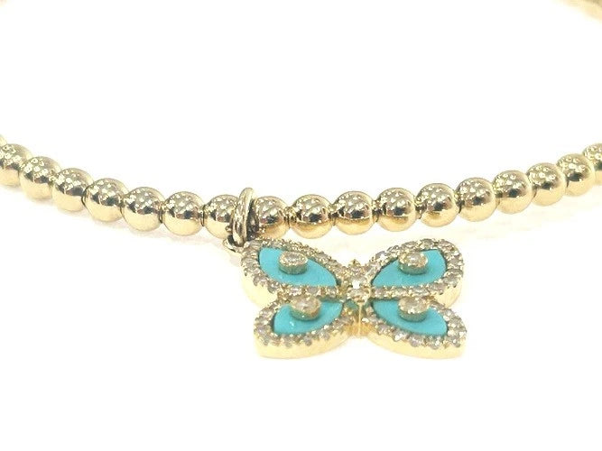14K Yellow Gold Diamond & Turquoise Butterfly Charm Beaded Bracelet 0.27 Carats