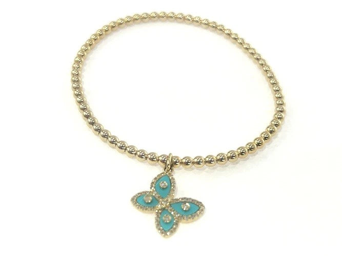 14K Yellow Gold Diamond & Turquoise Butterfly Charm Beaded Bracelet 0.27 Carats