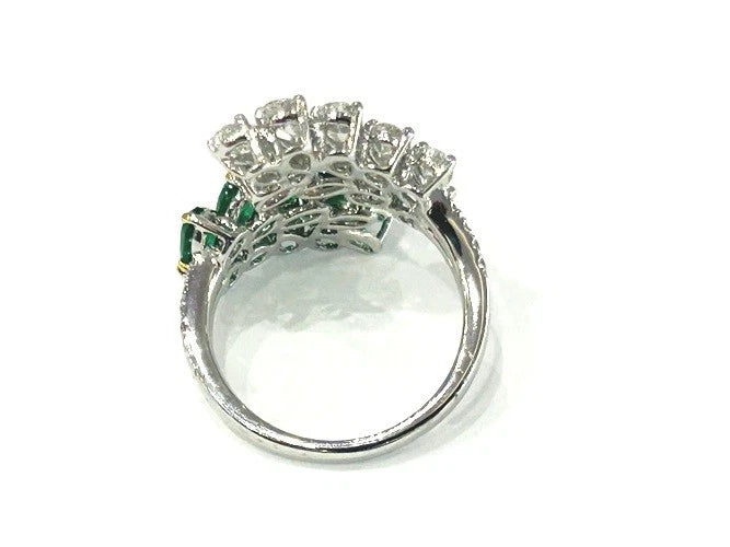 18K White Gold Natural Emerald & Diamond Leaf Wrap Ring 3.15 Carat Total Weight