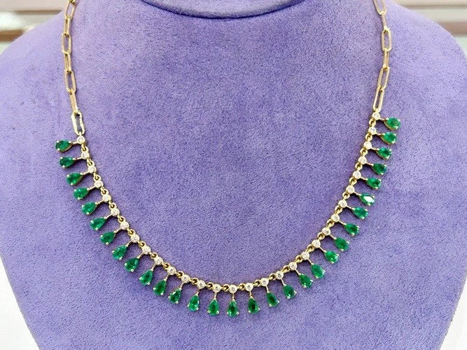 14K Yellow Gold Emerald & Diamond Drop Necklace 6.65 Carat Total Weight