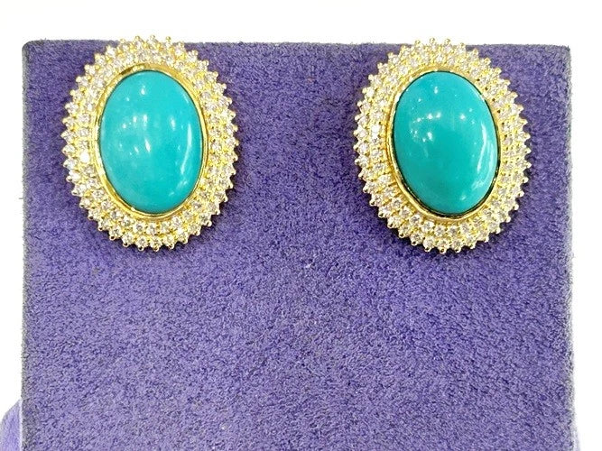 18K Yellow Gold Oval Turquoise and Diamond Stud Earrings 1.12 Carats