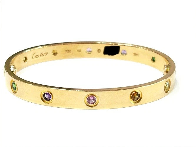 Cartier 18K Rose Gold Rainbow Multi-Color Gemstone Love Bracelet Size 16 W/Box