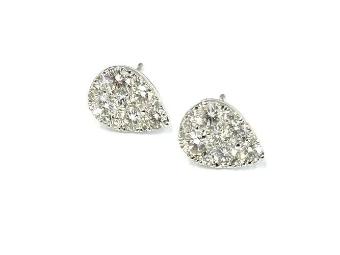 18K White Gold Diamond Cluster Pear Shape Stud Earrings 0.89 Carats