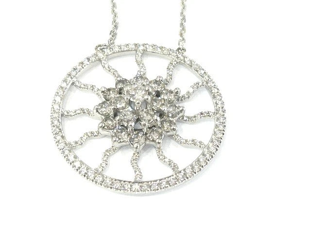 14K White Gold Sparkling Diamond Sunburst Pendant Necklace 2.00 Carats