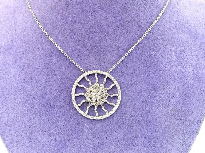14K White Gold Sparkling Diamond Sunburst Pendant Necklace 2.00 Carats
