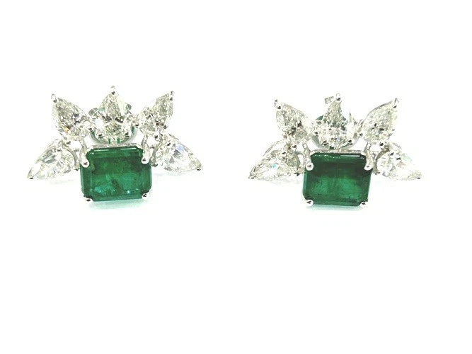 18K White Gold Natural Emerald & Diamond Cluster Stud Earrings 11.61 Carat TW