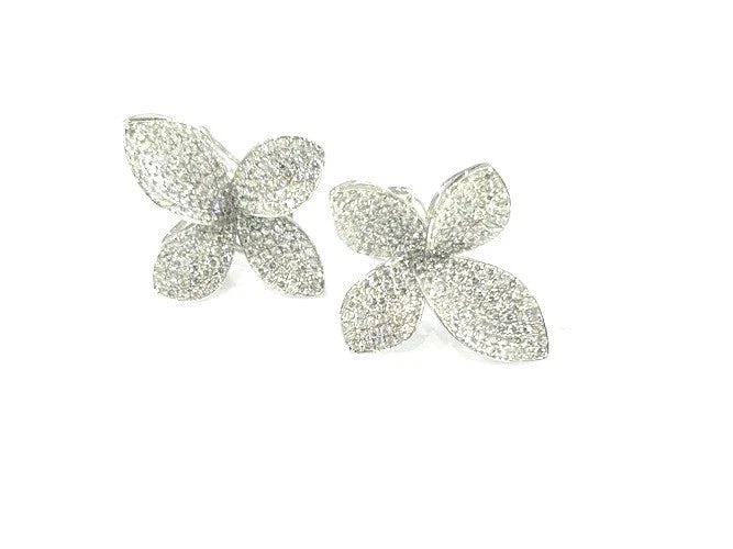 18K White Gold Pave' Diamond Orchid Stud Earrings 1.92 Carats
