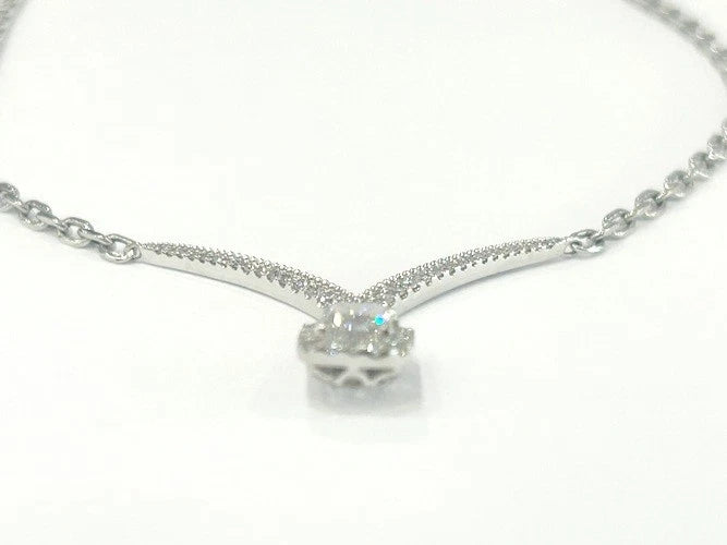 18K White Gold Diamond Chevron Necklace with Diamond Solitaire Dangle 1.33 CTW