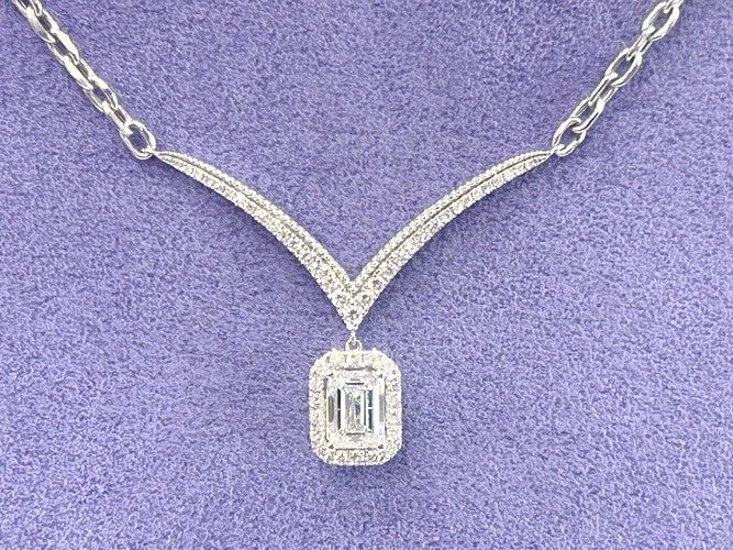 18K White Gold Diamond Chevron Necklace with Diamond Solitaire Dangle 1.33 CTW