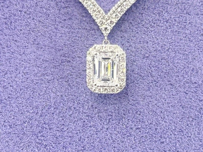 18K White Gold Diamond Chevron Necklace with Diamond Solitaire Dangle 1.33 CTW