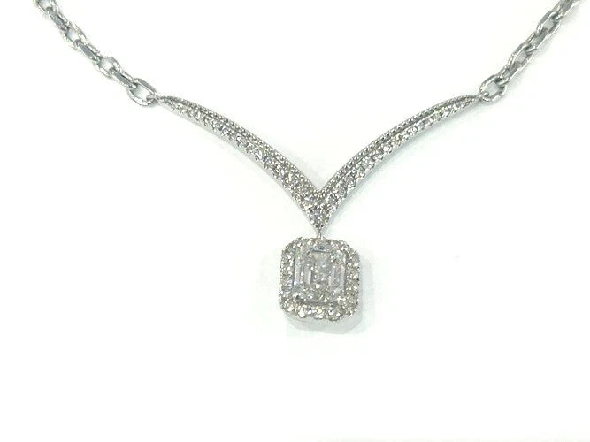 18K White Gold Diamond Chevron Necklace with Diamond Solitaire Dangle 1.33 CTW