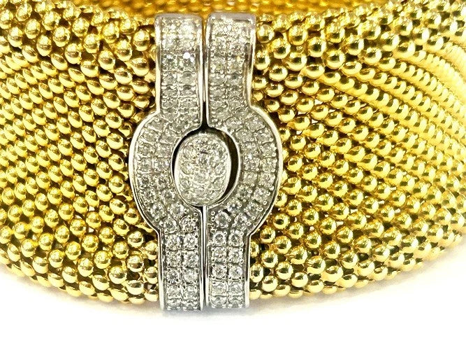 14k Yellow Gold Diamond End Mesh Cuff Bracelet Approximately 1.25 to 1.50 Carats