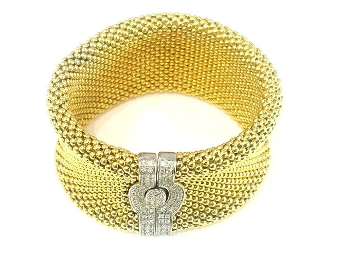 14k Yellow Gold Diamond End Mesh Cuff Bracelet Approximately 1.25 to 1.50 Carats