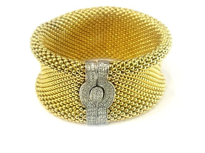 14k Yellow Gold Diamond End Mesh Cuff Bracelet Approximately 1.25 to 1.50 Carats