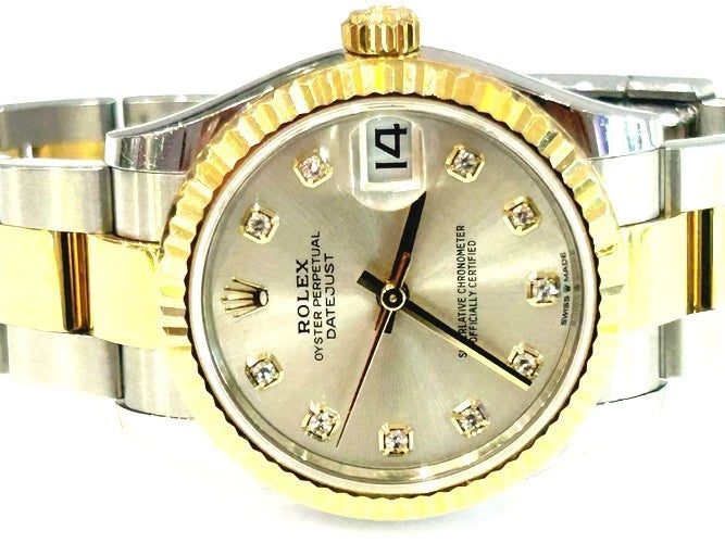 Rolex 18K Yellow Gold/Stainless Steel DateJust 31MM Silver Diamond Dial 278273