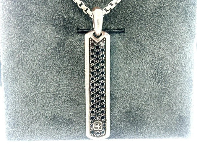 David Yurman Sterling Silver Pave Dog Tag with Black Diamonds Necklace W/B&P