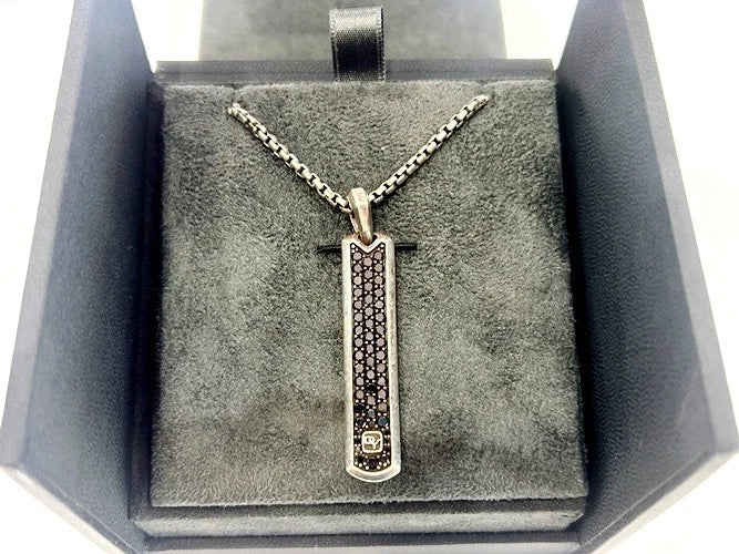 David Yurman Sterling Silver Pave Dog Tag with Black Diamonds Necklace W/B&P