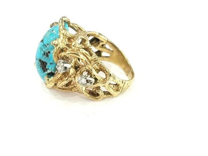 Vintage 18K Yellow Gold Turquoise and Diamond Cage Ring 0.06 Carats