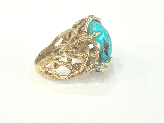 Vintage 18K Yellow Gold Turquoise and Diamond Cage Ring 0.06 Carats