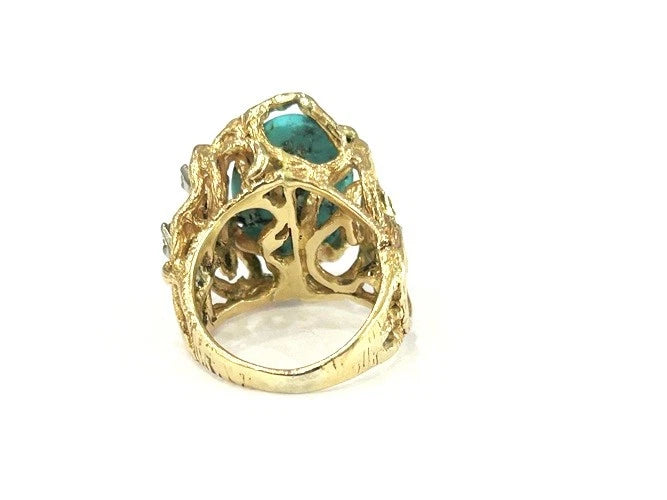 Vintage 18K Yellow Gold Turquoise and Diamond Cage Ring 0.06 Carats