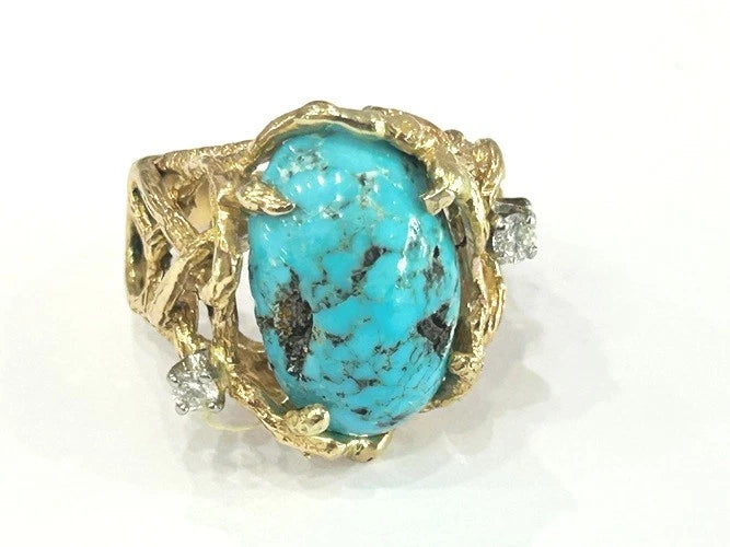 Vintage 18K Yellow Gold Turquoise and Diamond Cage Ring 0.06 Carats