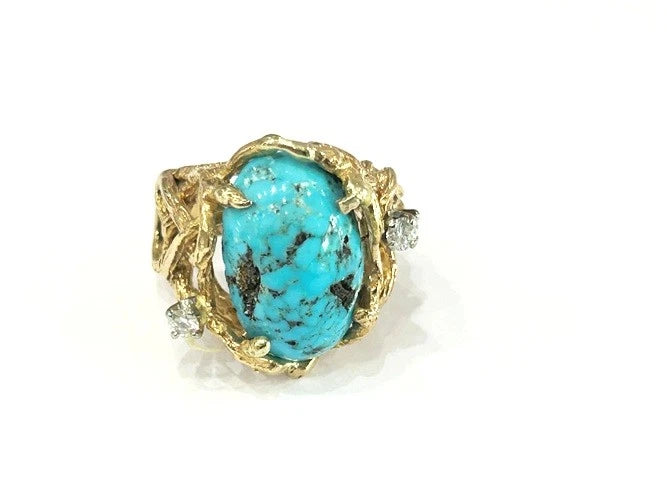 Vintage 18K Yellow Gold Turquoise and Diamond Cage Ring 0.06 Carats