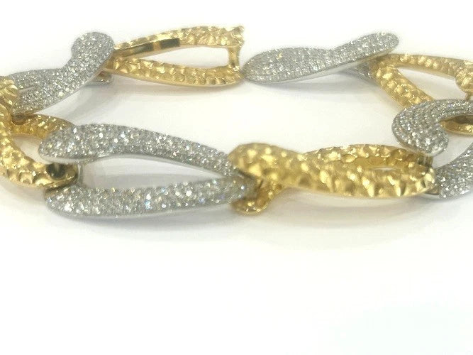 18K White & Yellow Gold Hammered & Pave' Diamond Curb Link Bracelet 7.61 Carats