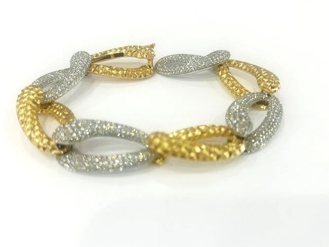 18K White & Yellow Gold Hammered & Pave' Diamond Curb Link Bracelet 7.61 Carats