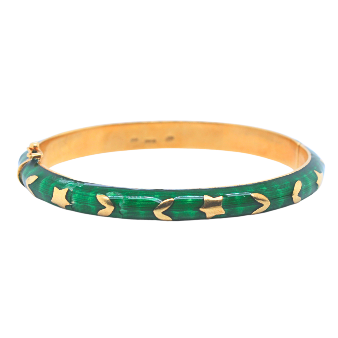 Vintage 18k Yellow Gold Green Enamel Bangle