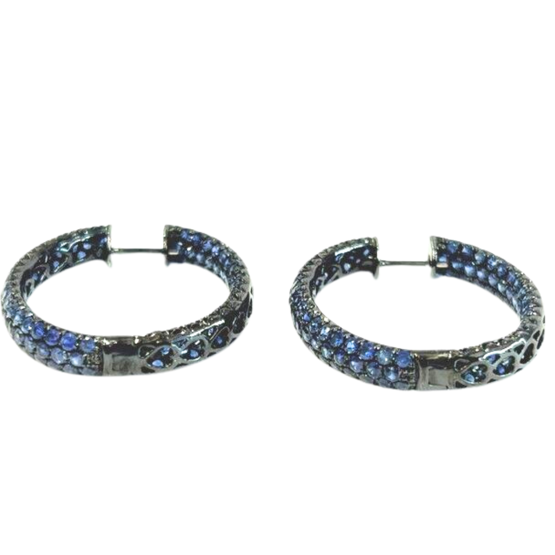 18k White Gold Blue Sapphire Pavé Inside Out Hoop Earrings Black Rhodium 6.9Cts