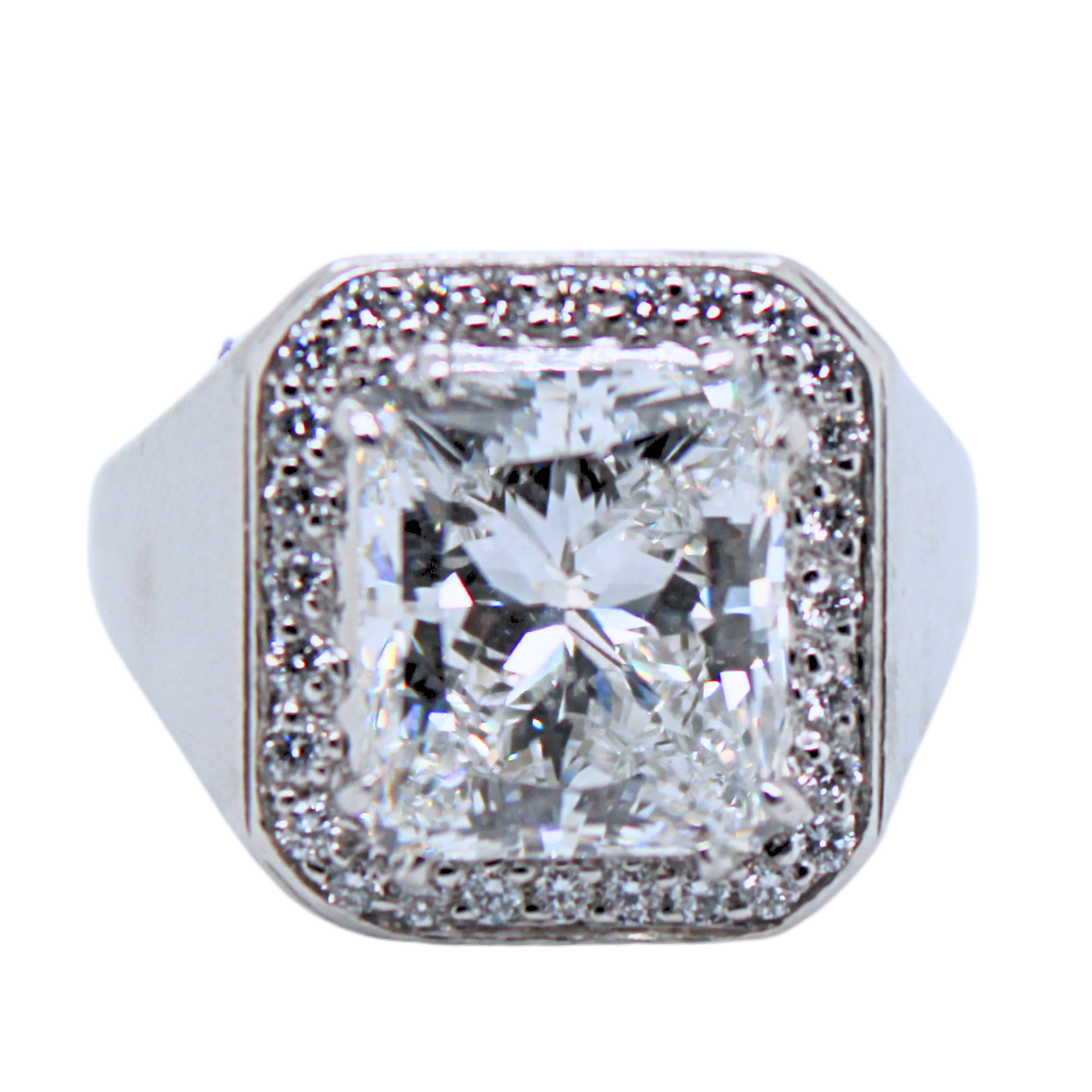 Platinum Diamond Radiant Cut Signet Ring 7.03 Carats W/GIA