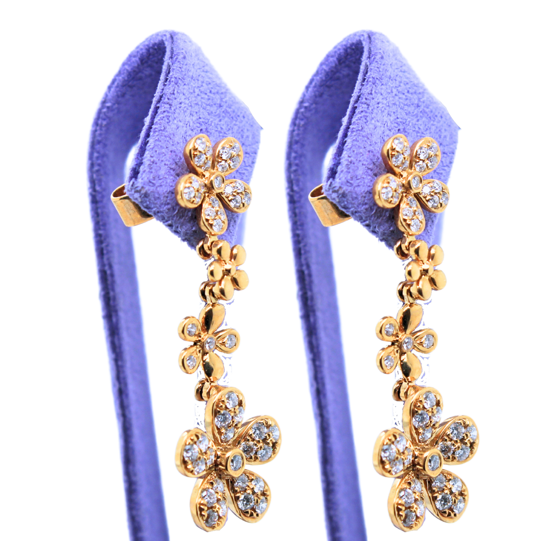 18k Yellow Gold Flower Diamond Dangling Earrings