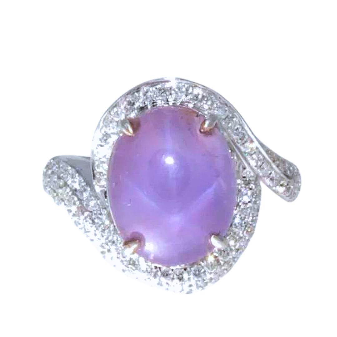 18K White Gold & Lavender Star Sapphire Ring 10.78 Cts.