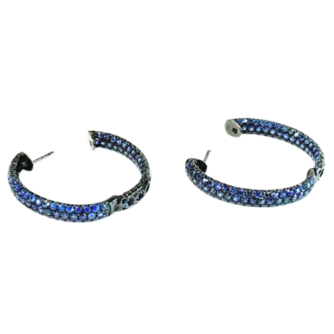 18k White Gold Blue Sapphire Pavé Inside Out Hoop Earrings Black Rhodium 6.9Cts